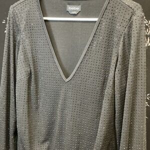 Bebe Womens Black Studded Long Sleeve V-Neck Top Blouse Size S Small